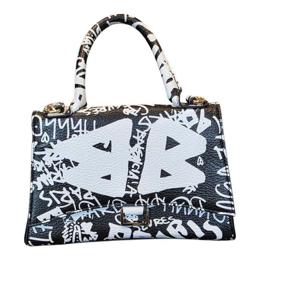 Graffiti Satchel Clutch Purse Black and White 9.5" x 3" x 7" tall. *
